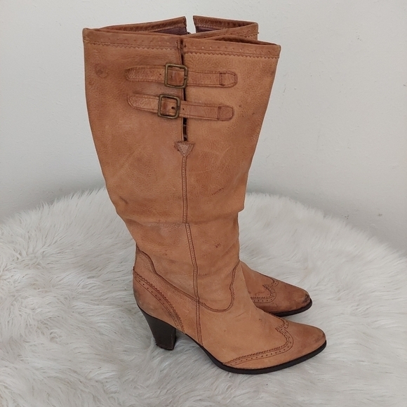 Bronx Tan Slouchy Distressed Pointed Wingtip Toe Leather Boots Buckle 41 9.5 US. - Picture 4 of 10